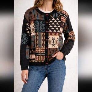 Vintage Wool Blend Cardigan Sweater Grannycore Patchwork Snowflake Size Medium